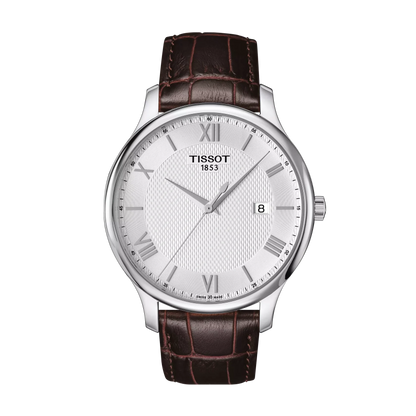 Tissot 42mm Silver Tone Tradition, Silver & Date Dial, Gents Brown Strap Watch