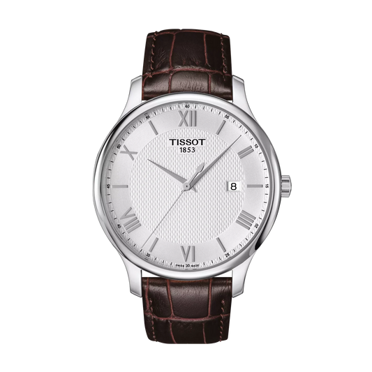Tissot 42mm Silver Tone Tradition, Silver & Date Dial, Gents Brown Strap Watch