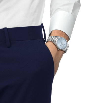 Tissot 40mm Silver Ballade, Ice Blue Fluted Dial & Bezel, Ladies Bracelet Watch