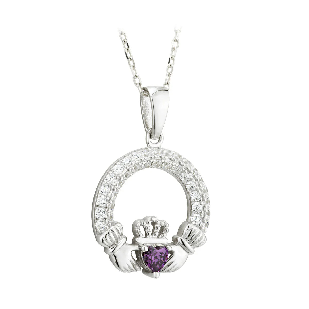 Sterling Silver February Birthstone Claddagh Pendant Necklace