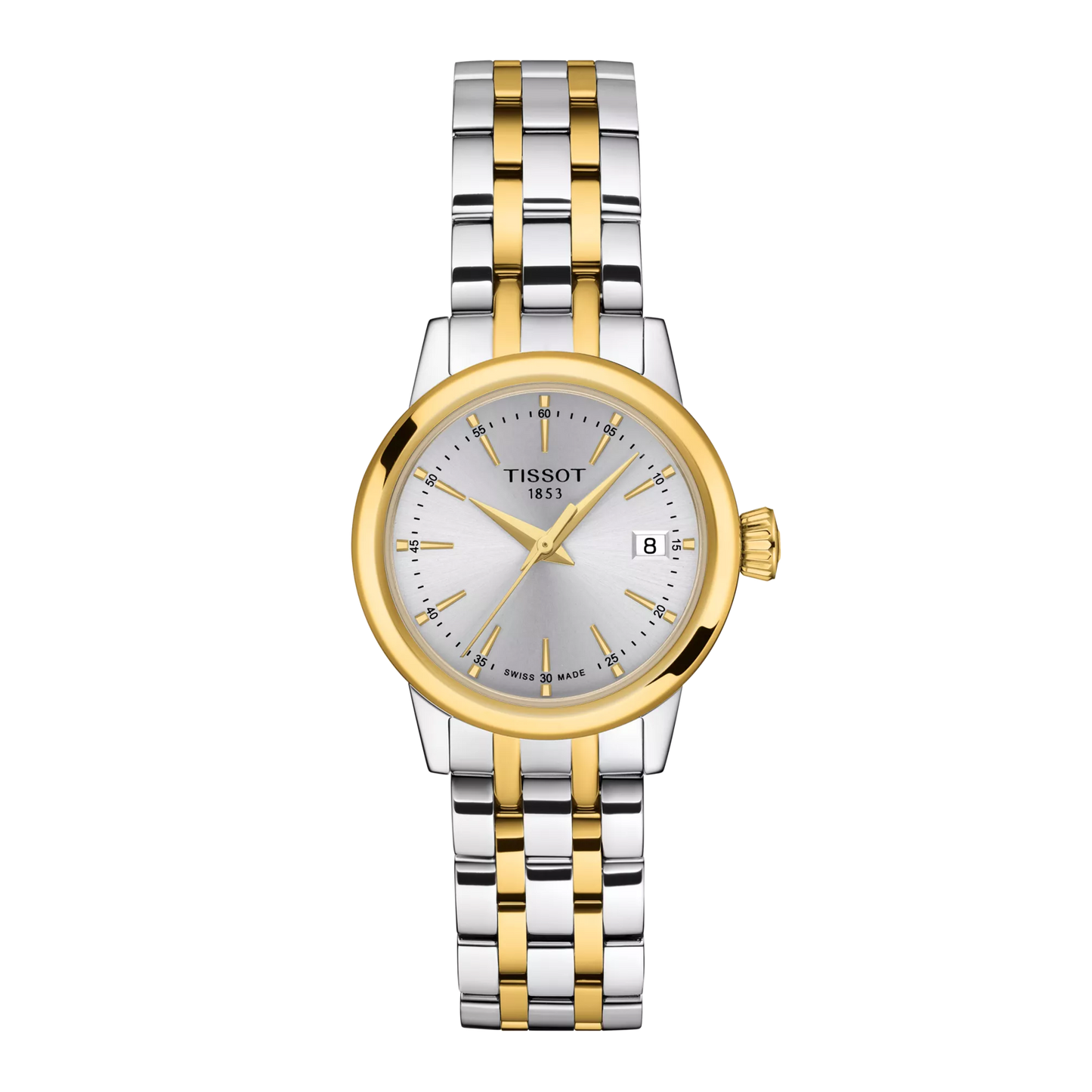 Tissot 28mm Yellow & Silver Tone Classic Dream, Silver Date Dial, Ladies Bracelet Watch