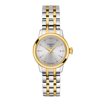 Tissot 28mm Yellow & Silver Tone Classic Dream, Silver Date Dial, Ladies Bracelet Watch