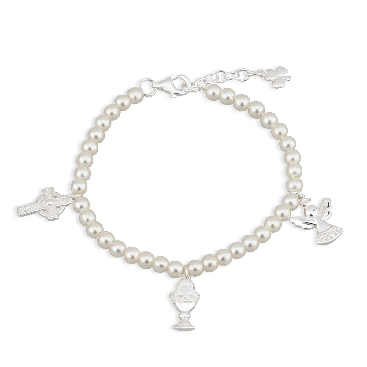 Rhodium Plated Silver Children's Pearl & Cross Bracelet