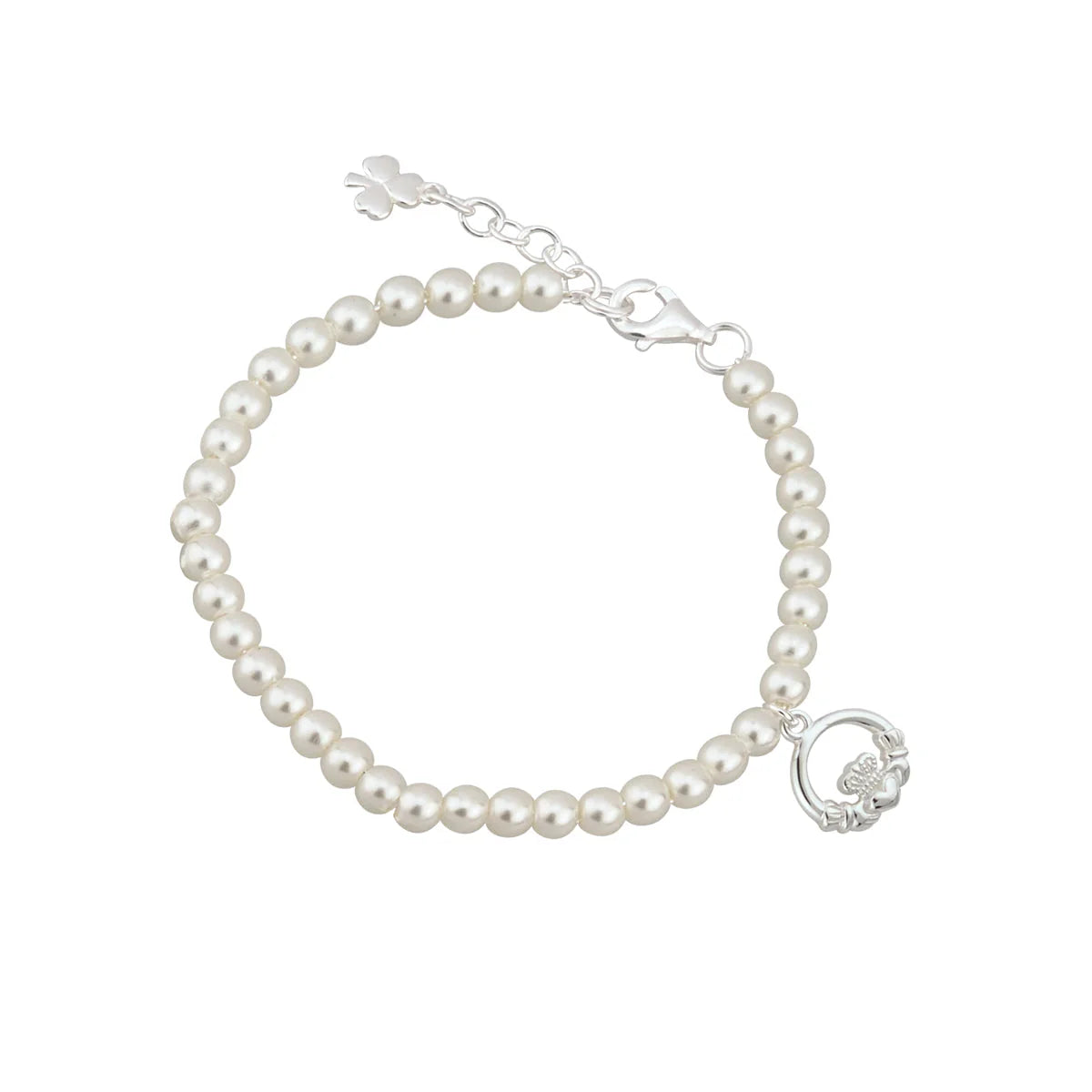 Rhodium Plated Silver Children's Pearl & Claddagh Bracelet