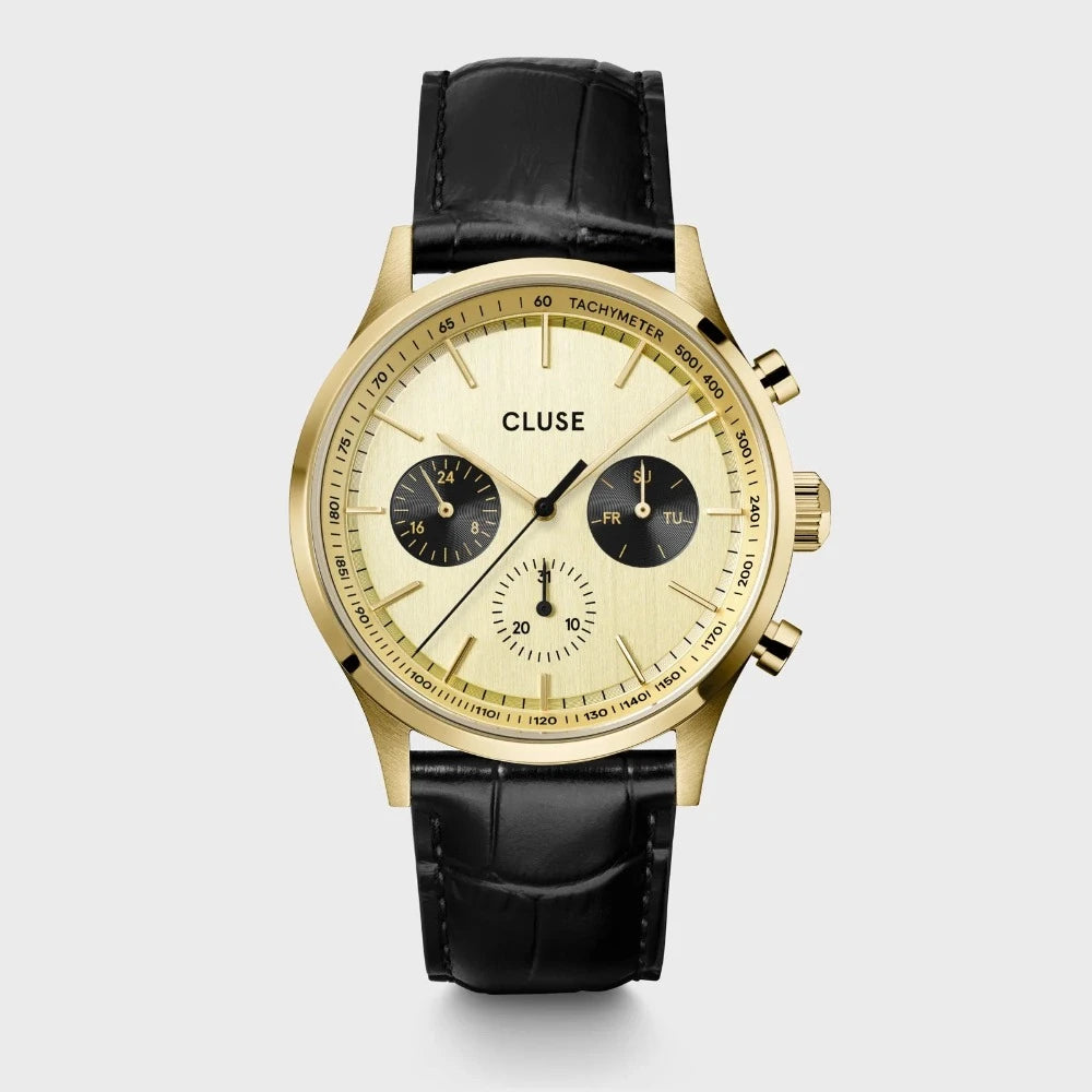 Cluse 42mm Anthéor Gold & Black Leather Strap Watch