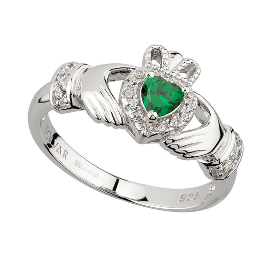 Sterling Silver Claddagh & Green Heart CZ Cluster Ring