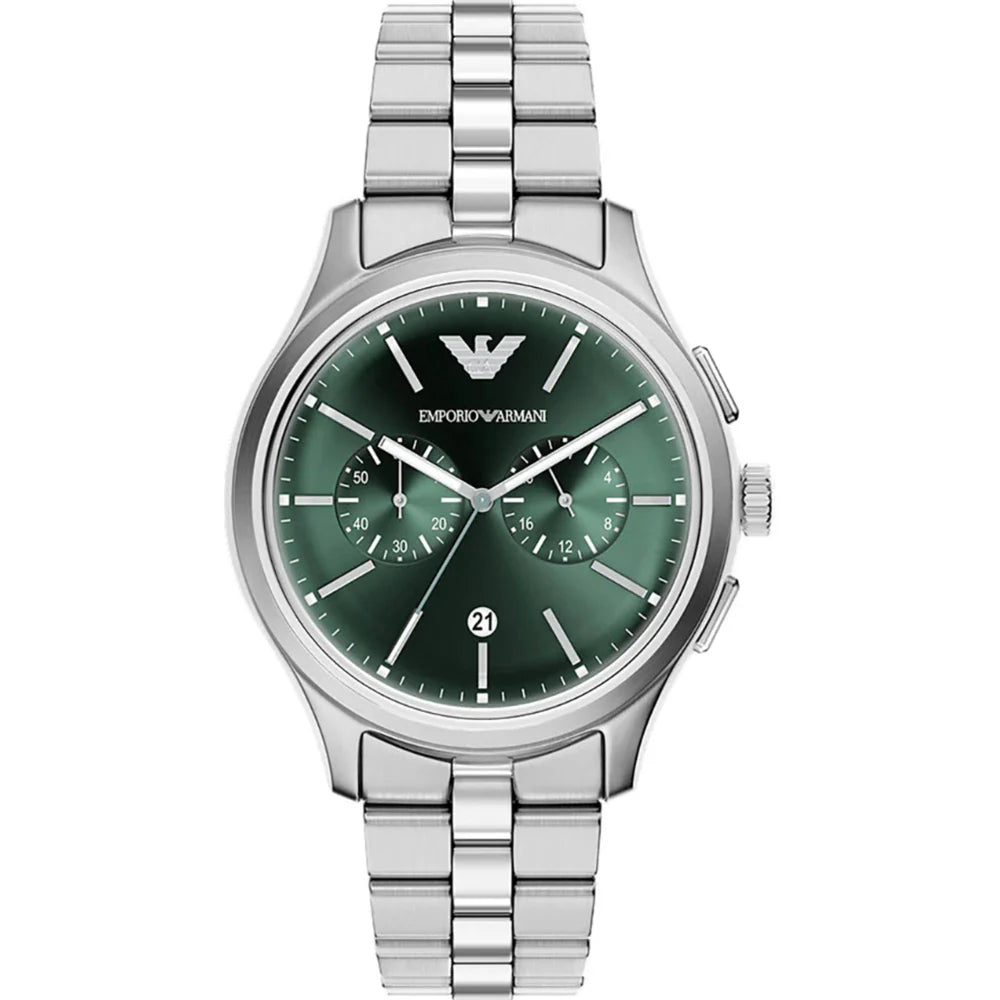 Emporio Armani 42mm Chronograph Men's Dario Green Dial Silver Bracelet Watch