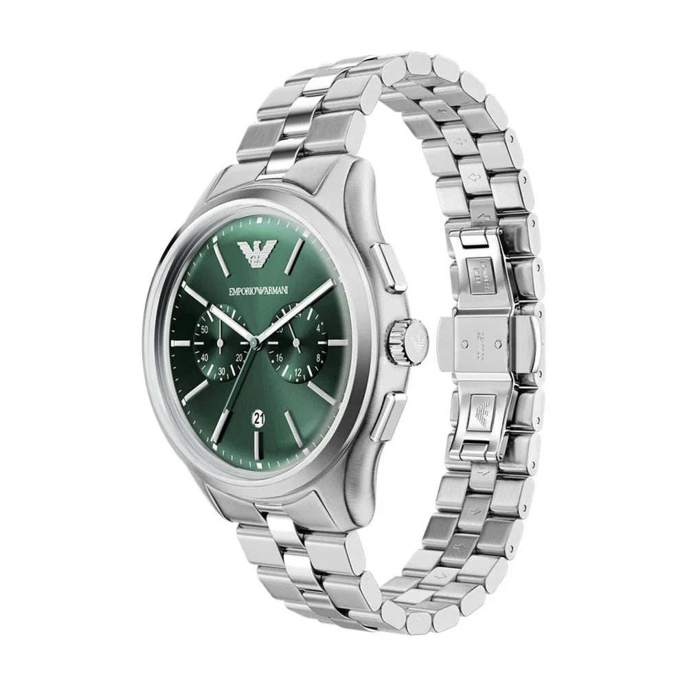 Emporio Armani 42mm Chronograph Men's Dario Green Dial Silver Bracelet Watch