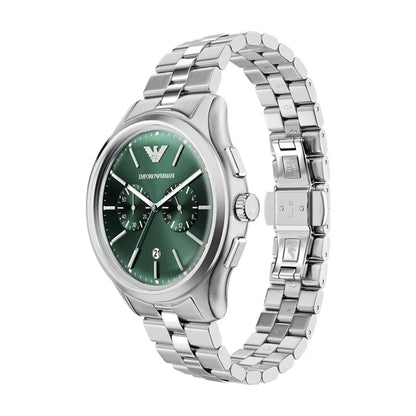 Emporio Armani 42mm Chronograph Men's Dario Green Dial Silver Bracelet Watch