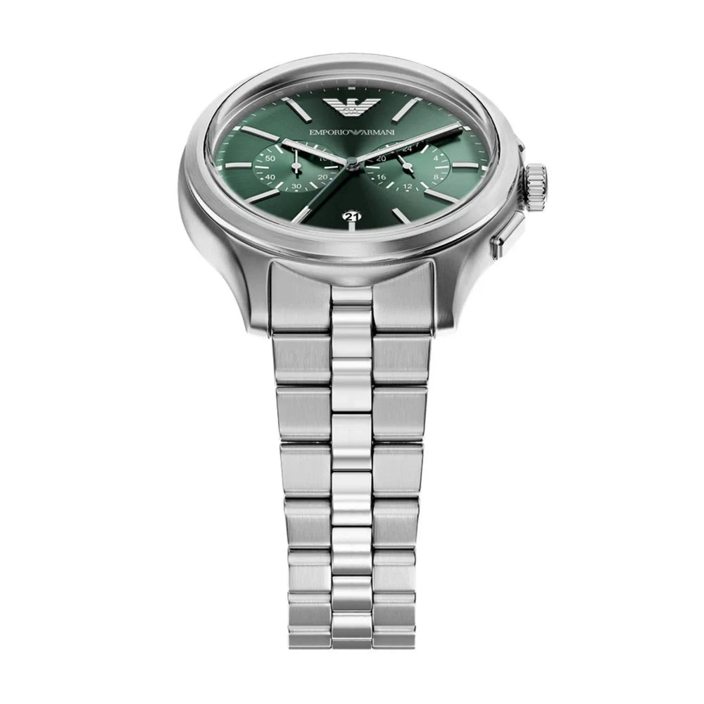 Emporio Armani 42mm Chronograph Men's Dario Green Dial Silver Bracelet Watch