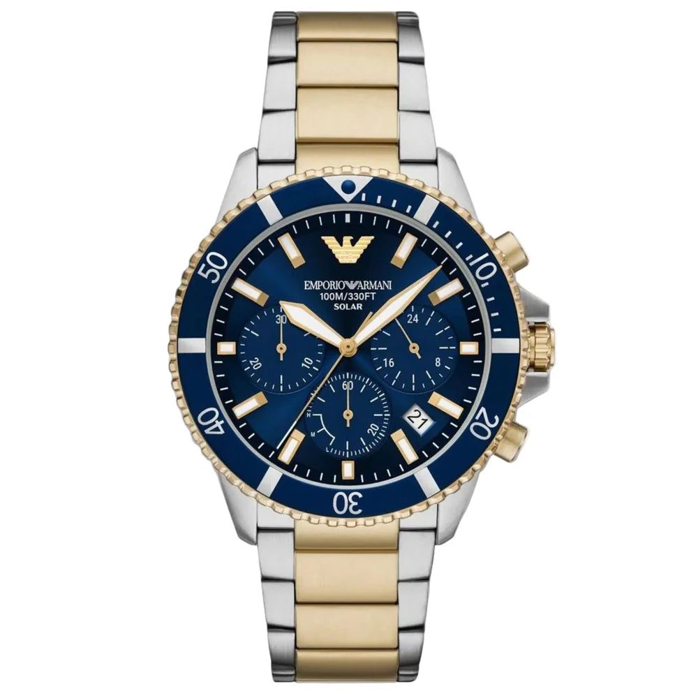 Emporio Armani 43mm World Explorer Chronograph Blue Dial Two Tone Bracelet Watch
