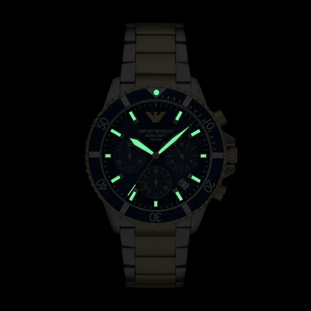 Emporio Armani 43mm World Explorer Chronograph Blue Dial Two Tone Bracelet Watch