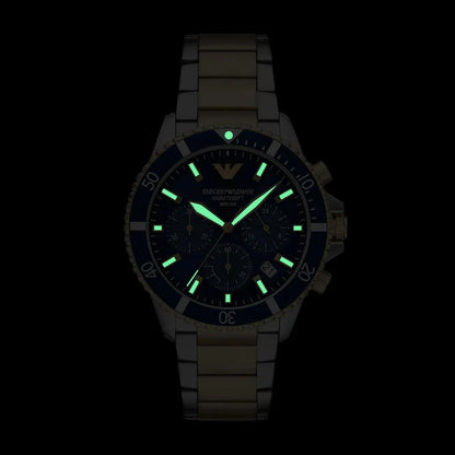 Emporio Armani 43mm World Explorer Chronograph Blue Dial Two Tone Bracelet Watch