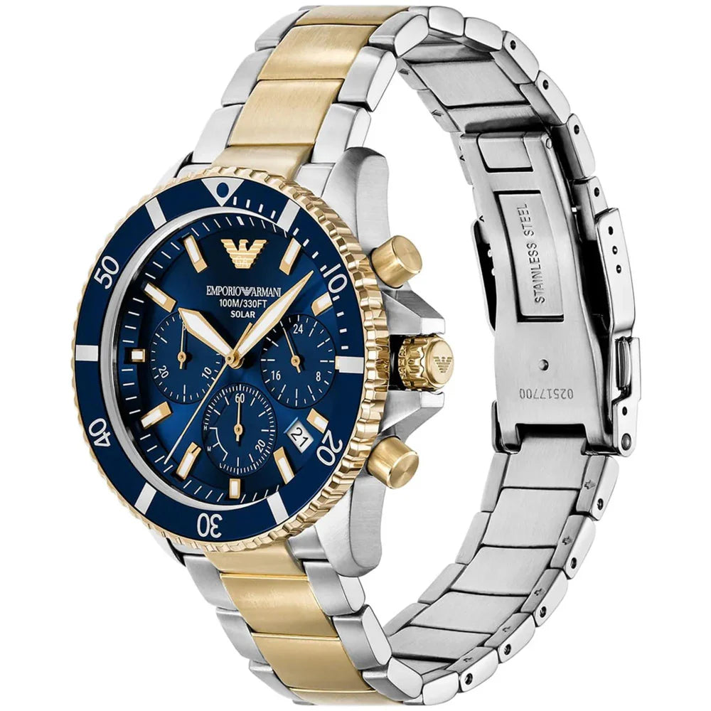 Emporio Armani 43mm World Explorer Chronograph Blue Dial Two Tone Bracelet Watch