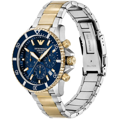 Emporio Armani 43mm World Explorer Chronograph Blue Dial Two Tone Bracelet Watch
