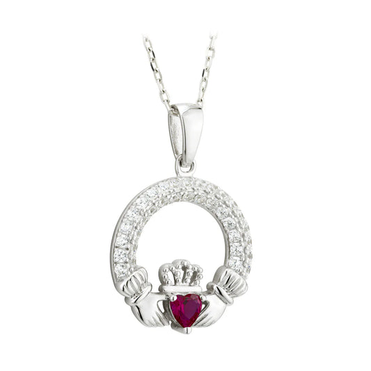 Sterling Silver July Birthstone Claddagh Pendant Necklace