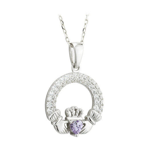 Sterling Silver June Birthstone Claddagh Pendant Necklace