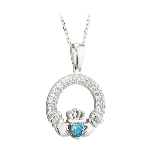 Sterling Silver March Birthstone Claddagh Pendant Necklace