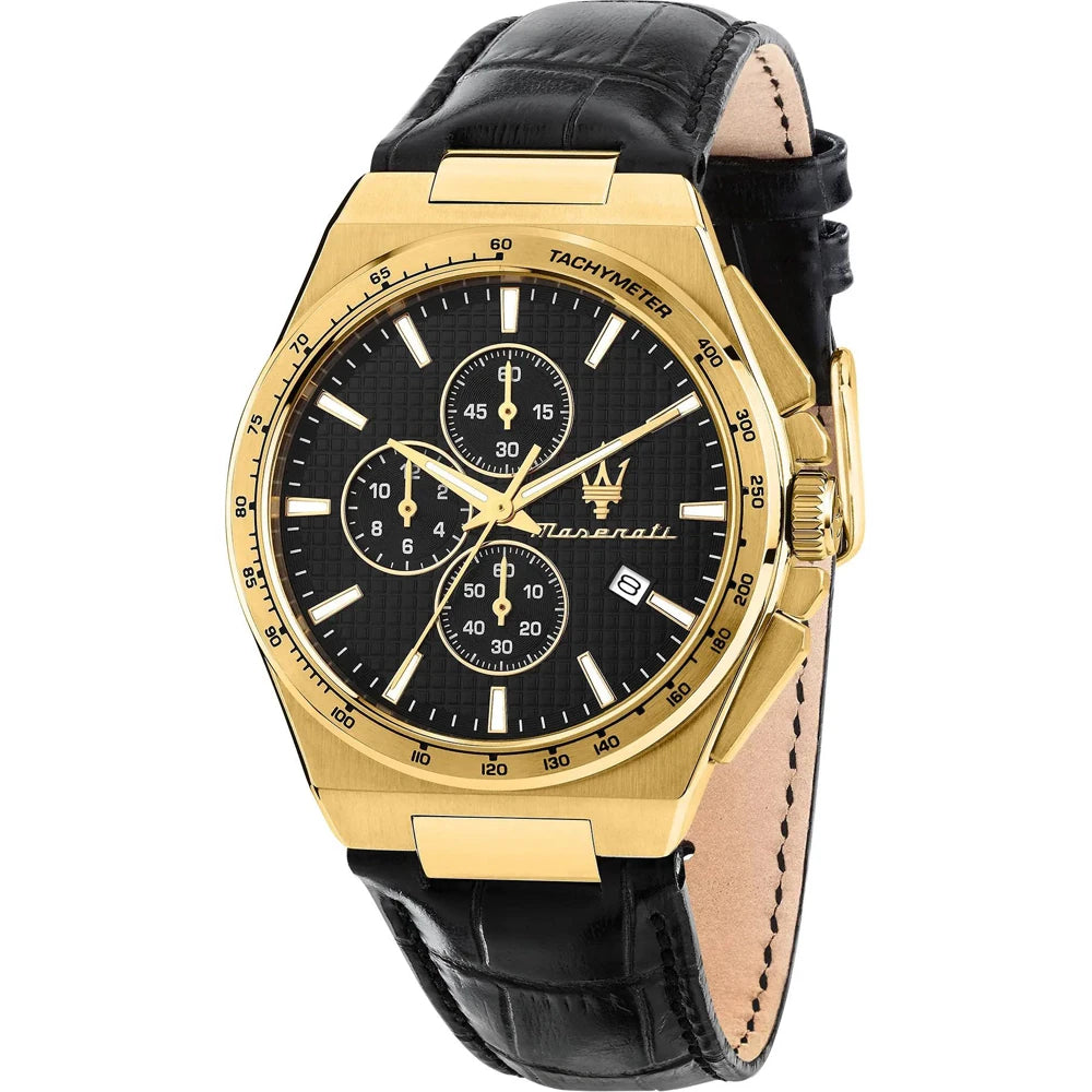 Maserati 41mm Velocità Black Dial Gold Toned Black Leather Strap Watch
