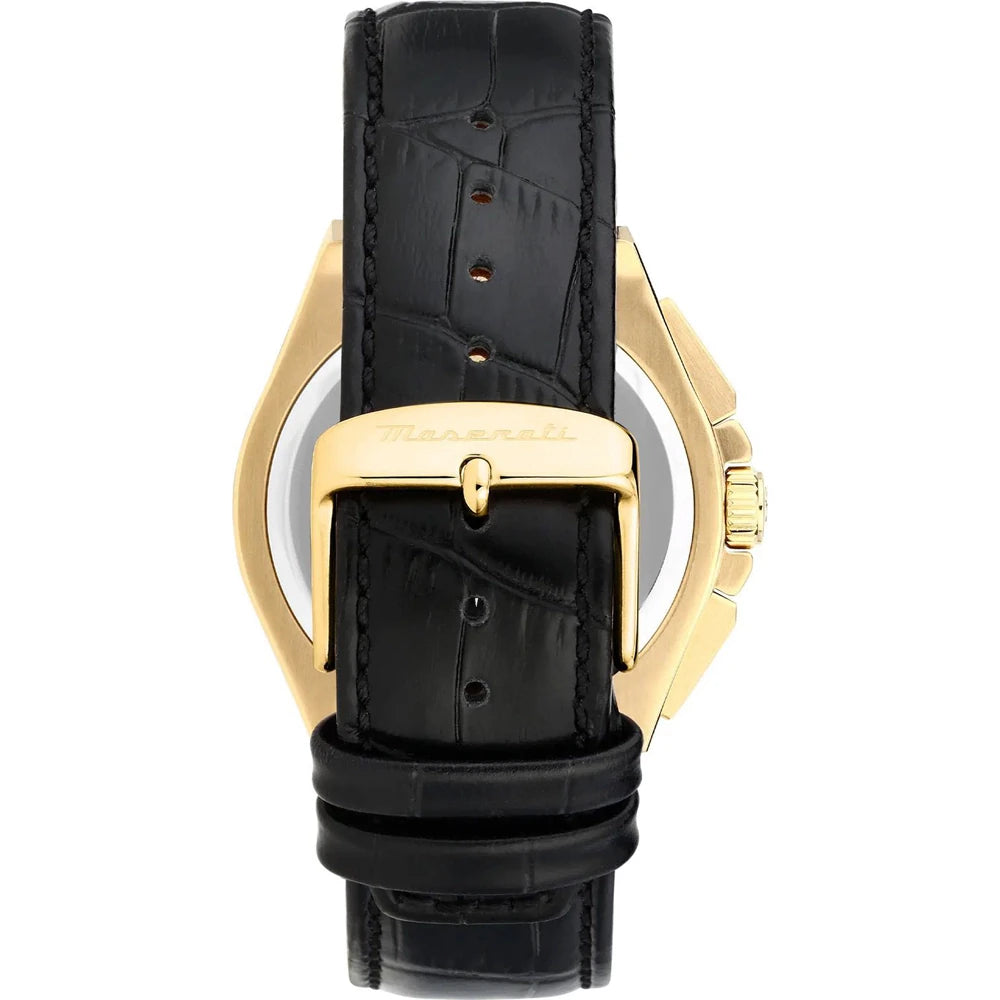 Maserati 41mm Velocità Black Dial Gold Toned Black Leather Strap Watch