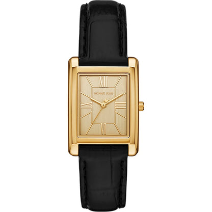 Michael Kors 26mm Ladies Essex Gold-Tone Rectangle Dial Black Leather Strap Watch