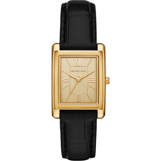 Michael Kors 26mm Ladies Essex Gold-Tone Rectangle Dial Black Leather Strap Watch
