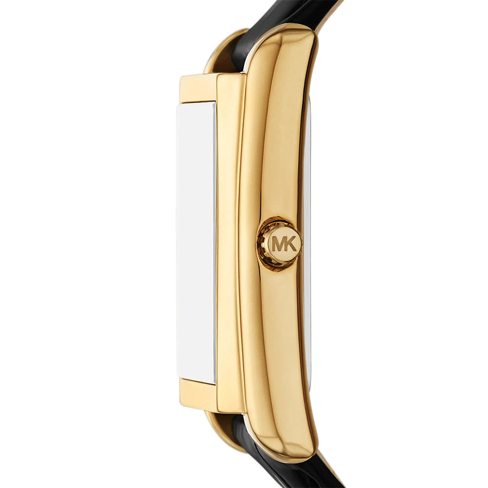 Michael Kors 26mm Ladies Essex Gold-Tone Rectangle Dial Black Leather Strap Watch