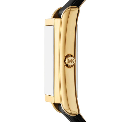 Michael Kors 26mm Ladies Essex Gold-Tone Rectangle Dial Black Leather Strap Watch