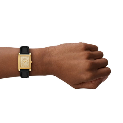 Michael Kors 26mm Ladies Essex Gold-Tone Rectangle Dial Black Leather Strap Watch