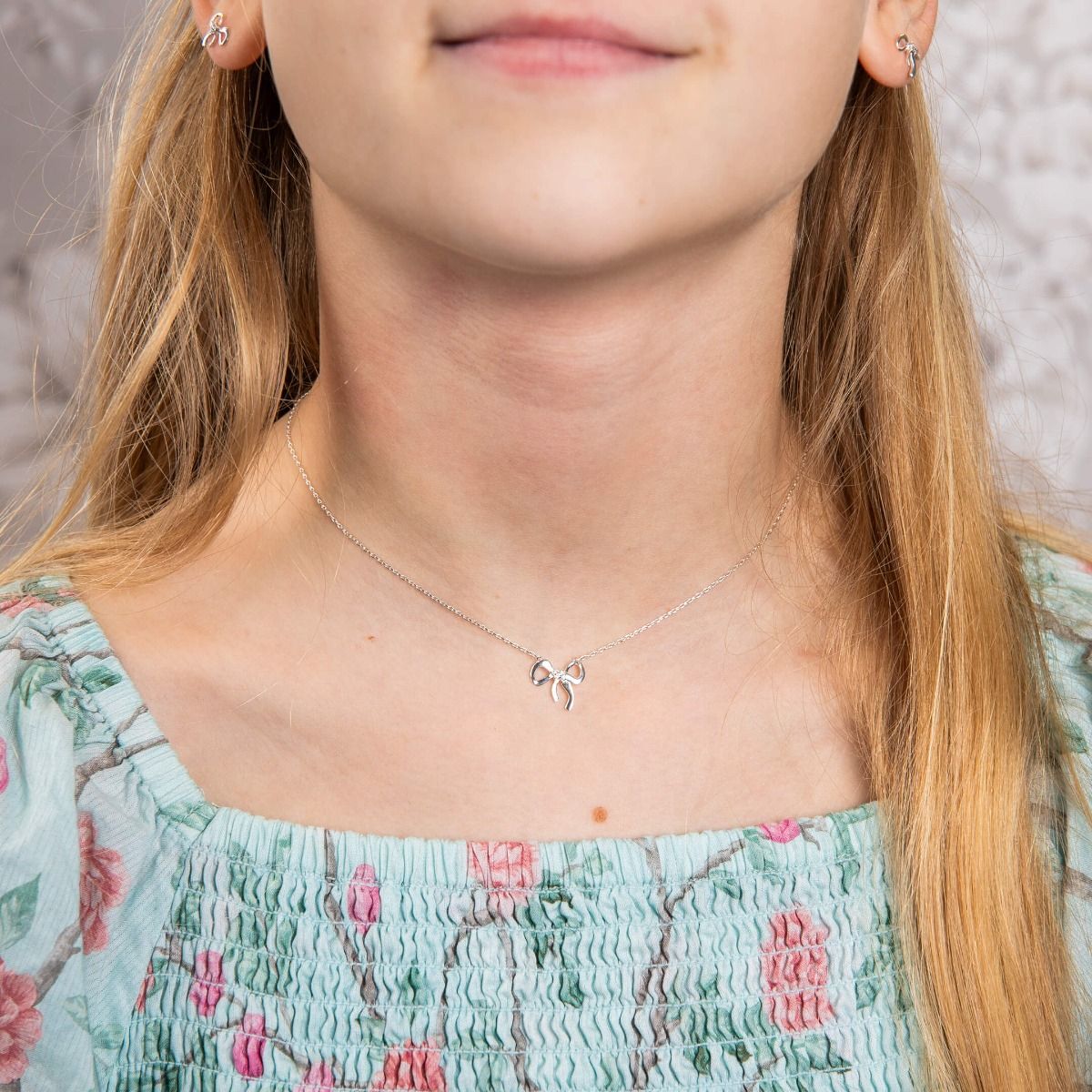 Silver Children's CZ Ribbon Bow Necklace