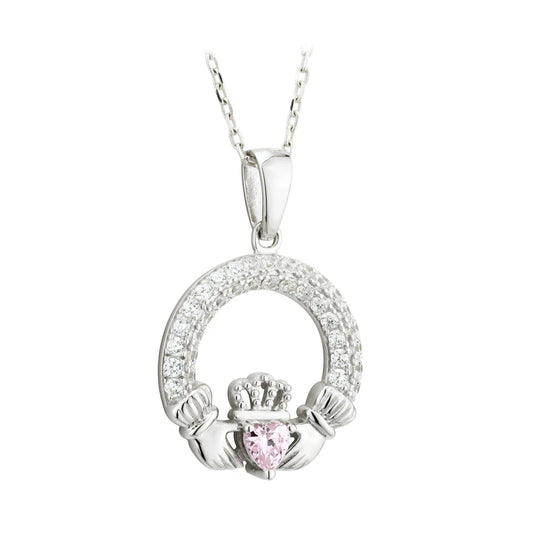 Sterling Silver October Birthstone Claddagh Pendant Necklace