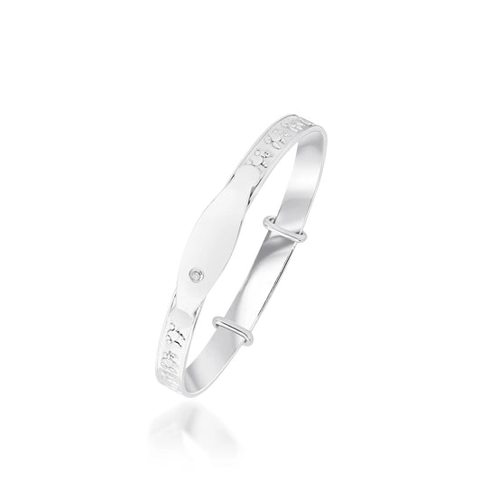 Sterling Silver 5.2mm Teddy Bear Beaded Edge ID Plate & White CZ Baby Bangle