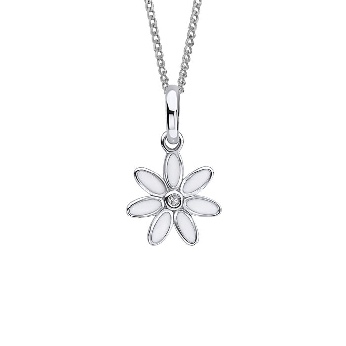 Sterling Silver Children's Daisy Flower Pendant & Diamond Necklace