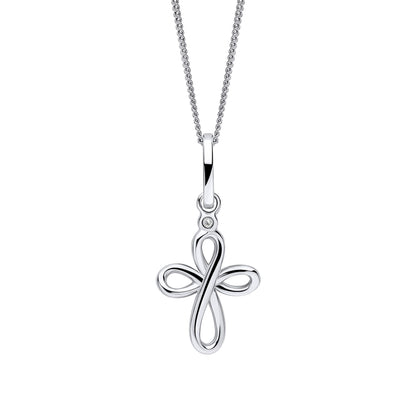 Sterling Silver Diamond Swirl Cross Pendant Necklace