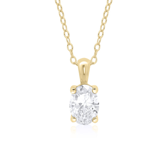 9ct Yellow Gold Claw Set Oval Cut Laboratory Grown Diamond Necklace, 1.00ct