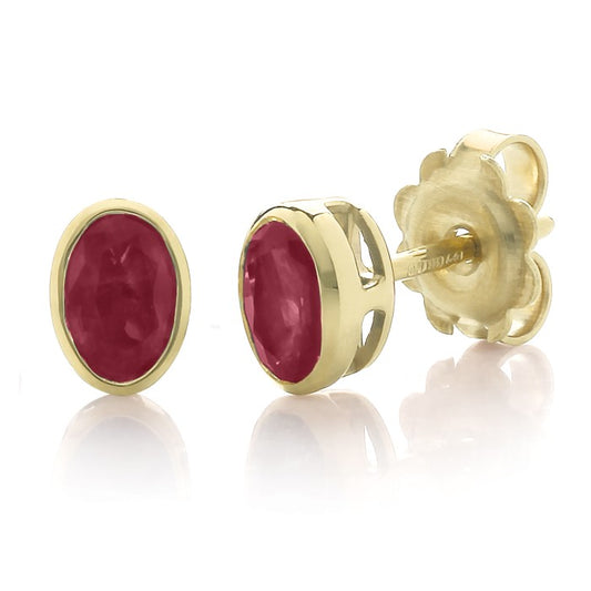 9ct Yellow Gold Oval Ruby Rub Over Stud Earrings