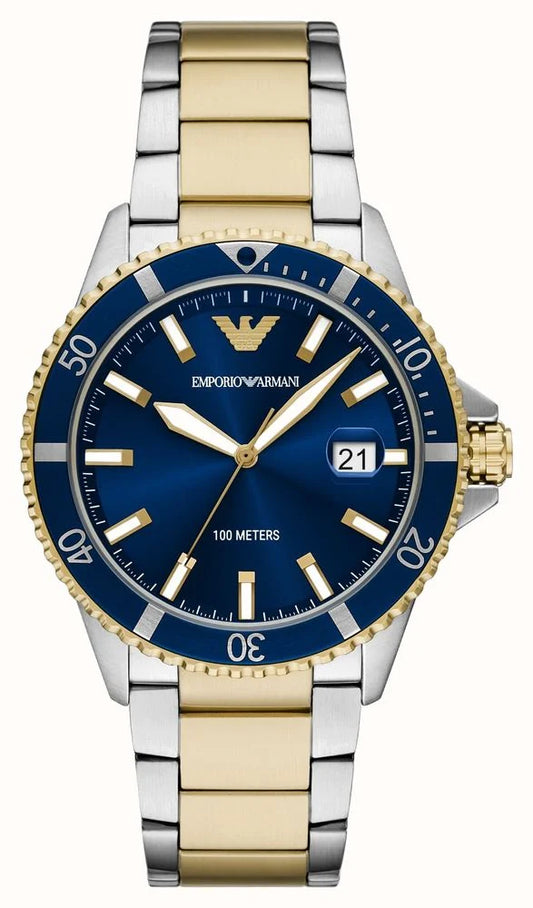 Emporio Armani 42mm World Explorer Blue Dial Two Tone Bracelet Watch