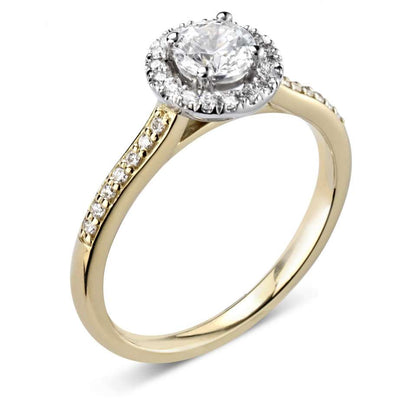 18ct Yellow Gold Round Brilliant & Halo Shoulder Set Diamond Ring, 0.65ct