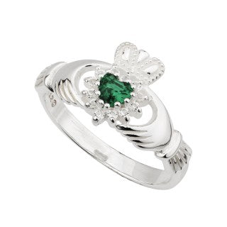 Sterling Silver Crystal Green Heart CZ Claddagh Ring