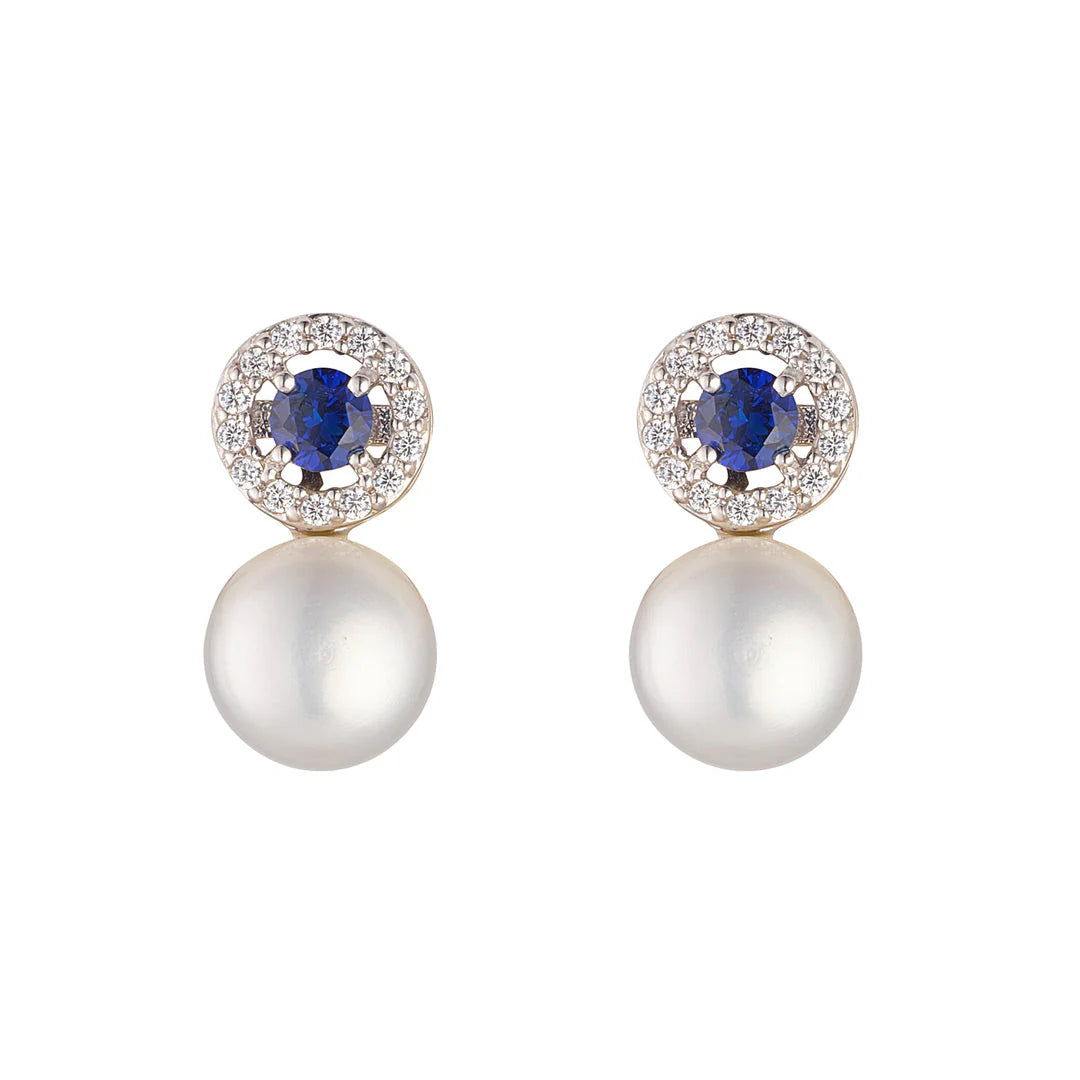 Sterling Silver Sapphire & Pearl CZ Drop Earrings