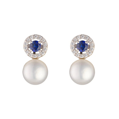 Sterling Silver Sapphire & Pearl CZ Drop Earrings
