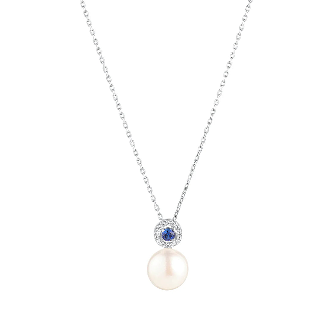 Sterling Silver CZ & Sapphire Pearl Pendant Necklace