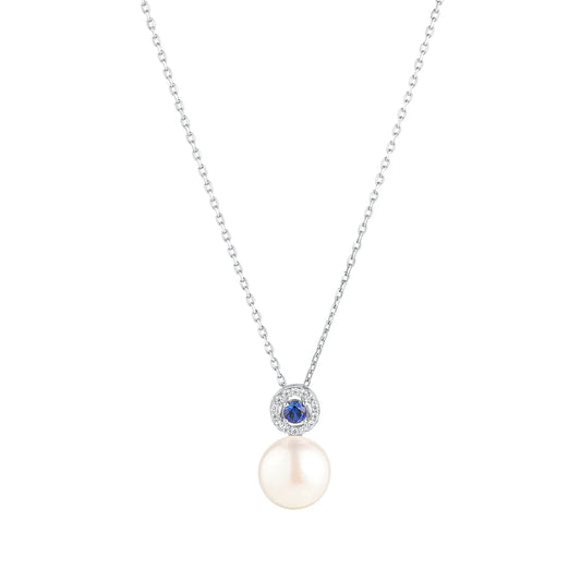 Sterling Silver CZ & Sapphire Pearl Pendant Necklace