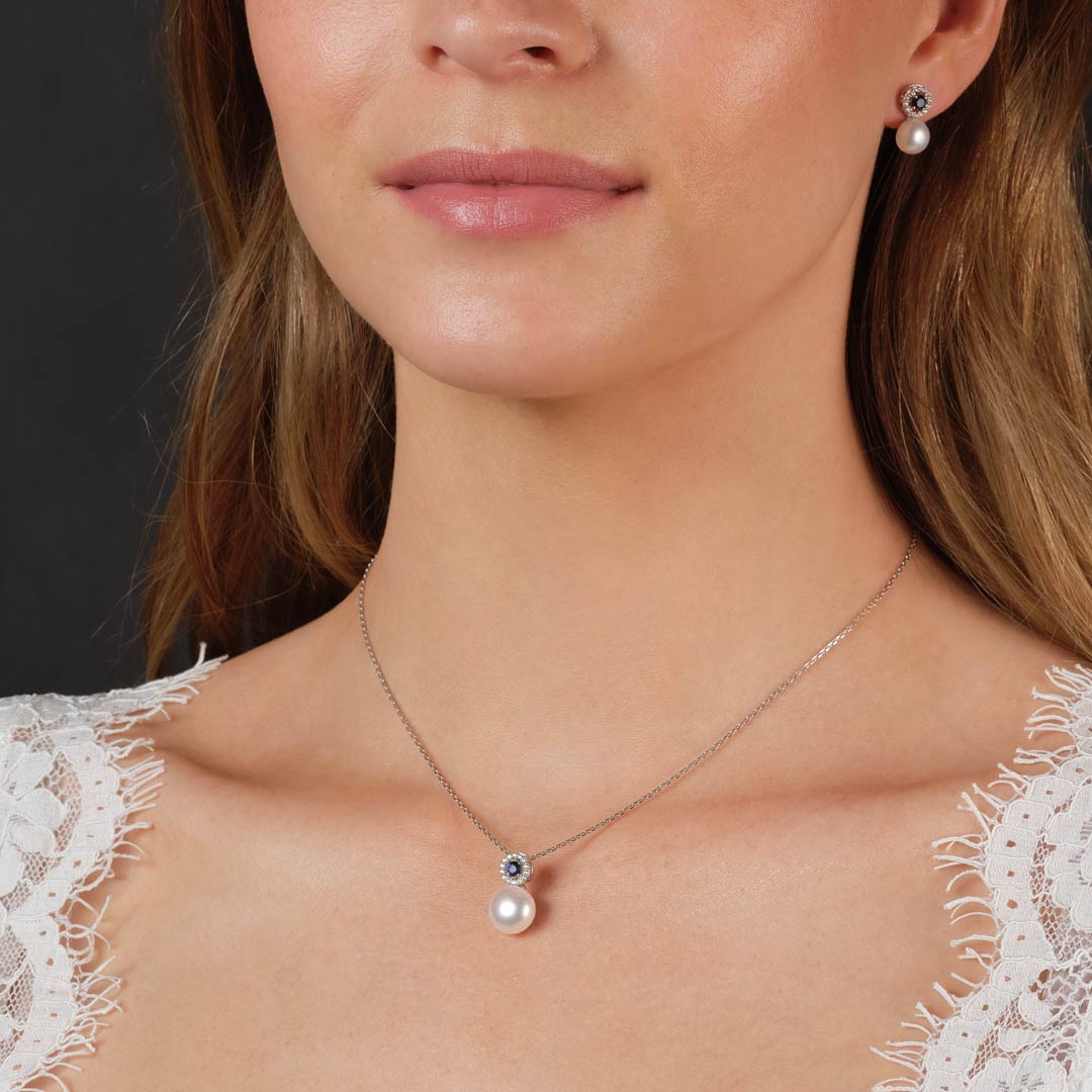 Sterling Silver CZ & Sapphire Pearl Pendant Necklace