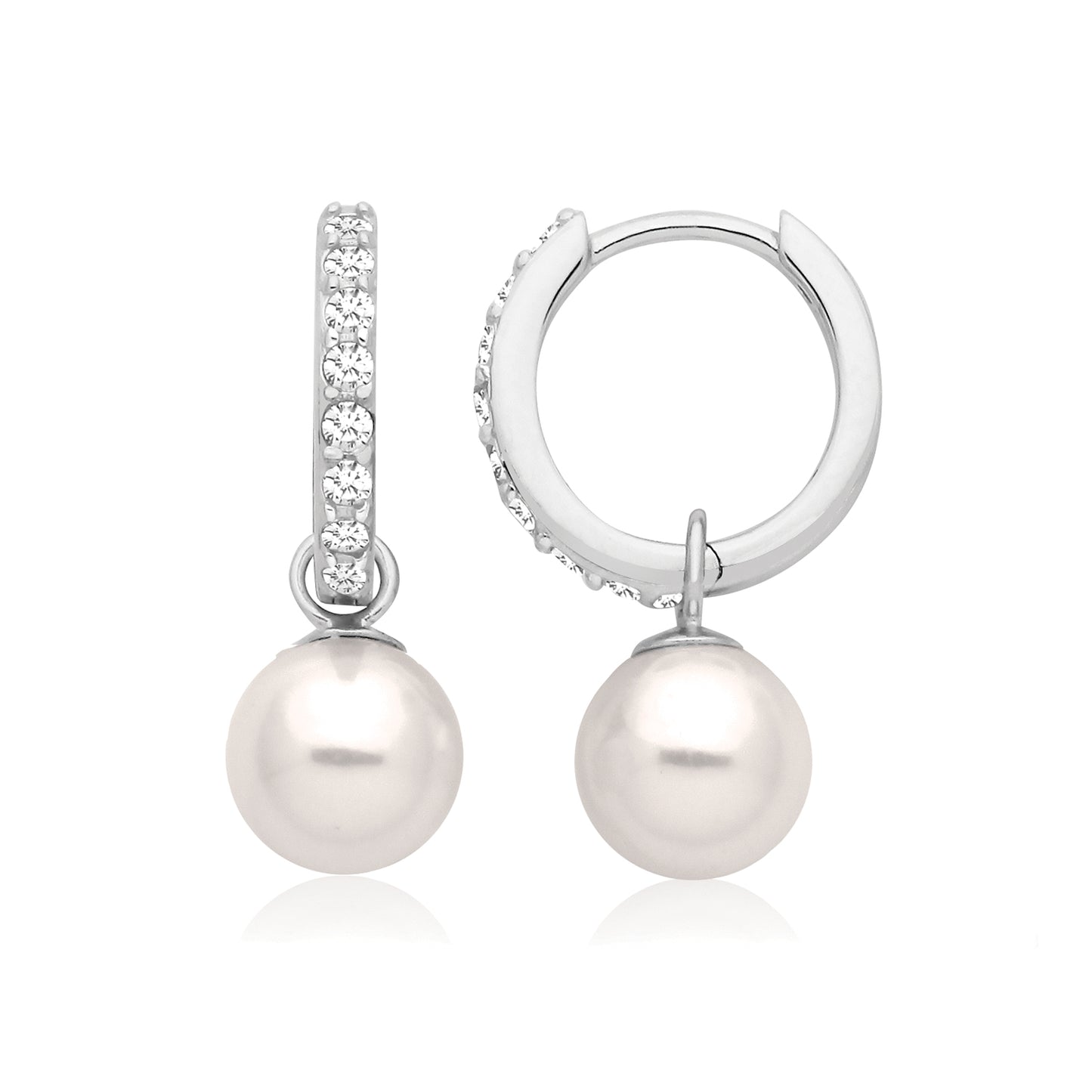 Sterling Silver Pearl Drop CZ Hoop Earrings