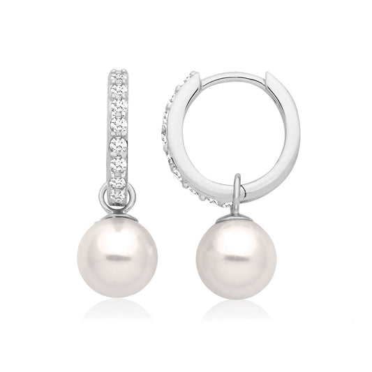 Sterling Silver Pearl Drop CZ Hoop Earrings