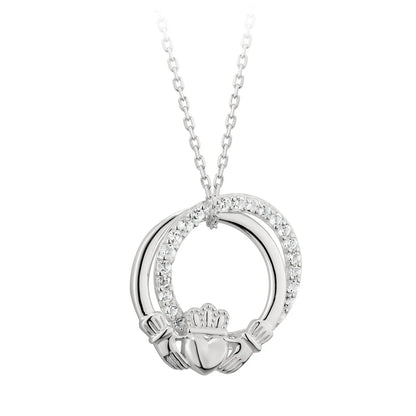 Sterling Silver Claddagh Double CZ Circle Necklace