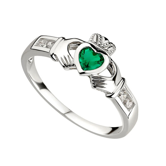 Sterling Silver Claddagh Green Heart & CZ Shoulder Set Ring