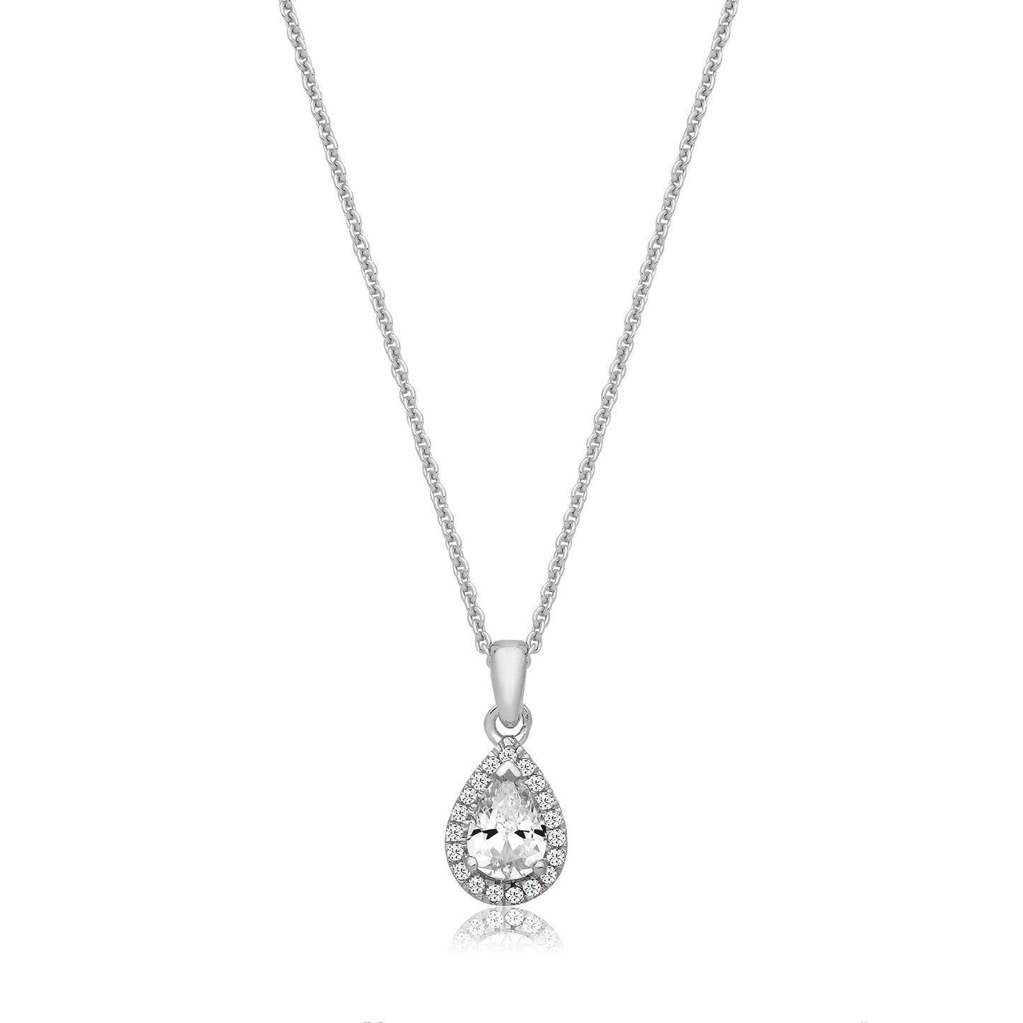 Sterling Silver CZ Pear Halo Pendant Necklace