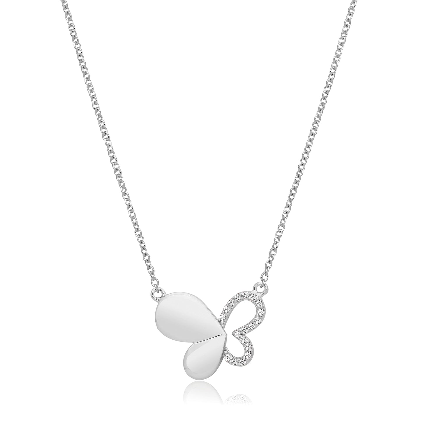 Sterling Silver Open Solid Butterfly CZ Pendant Necklace